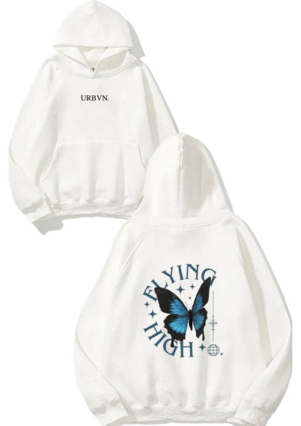 Flying High Tasarım Baskılı Oversize Beyaz Kapüşonlu Sweatshirt