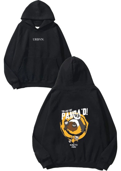 Kung Fu Panda Tasarım Baskılı Oversize Siyah Kapüşonlu Sweatshirt
