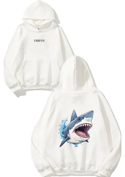 Shark Tasarım Baskılı Oversize Beyaz Kapüşonlu Sweatshirt