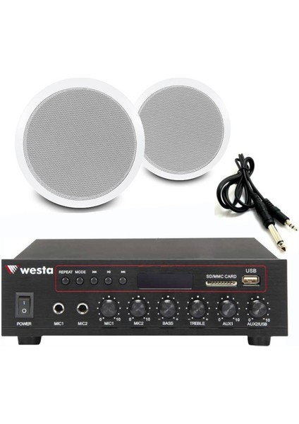 2’li Beyaz Tavan Hoparlörlü 100V Anfi Ses Sistemi | Kafe Mağaza Ofis Müzik Seti