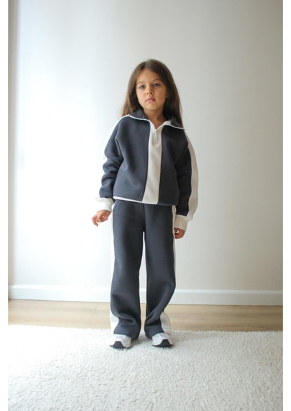 Fermuarlı Çift Renkli Şardonlu 3 Iplik Sweatshirt-Eşofman Altı Kışlık Kız Çocuk Takım