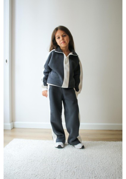 Fermuarlı Çift Renkli Şardonlu 3 Iplik Sweatshirt-Eşofman Altı Kışlık Kız Çocuk Takım modelleri