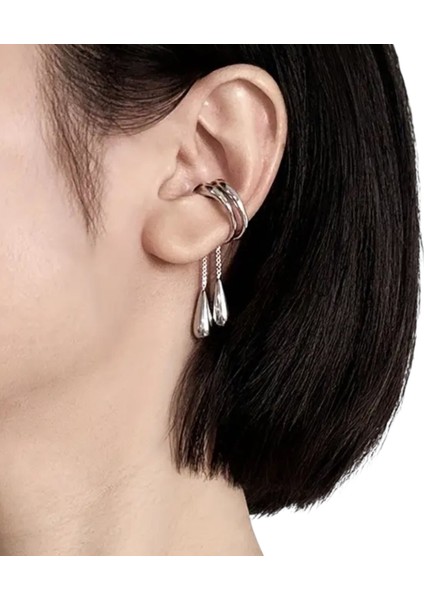 Zincirli Damla Earcuff Küpe | Gold ve Silver Renk | Deliksiz Kullanım | Trend Sallantılı Küpe