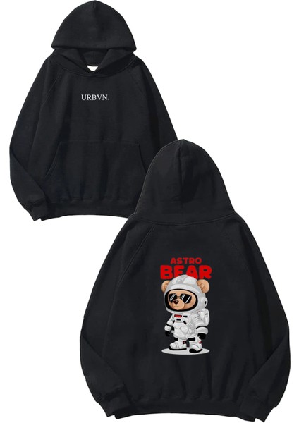 Astro Bear Tasarım Baskılı Oversize Siyah Kapüşonlu Sweatshirt
