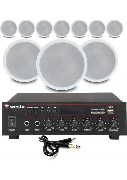 10’lu Beyaz Tavan Hoparlörlü 100V Anfi Ses Sistemi | Kafe Mağaza Ofis Müzik Seti