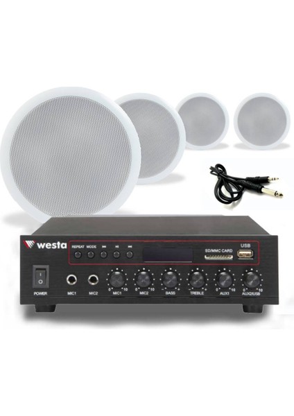 4’lü Beyaz Tavan Hoparlörlü 100V Anfi Ses Sistemi | Kafe Mağaza Ofis Müzik Seti