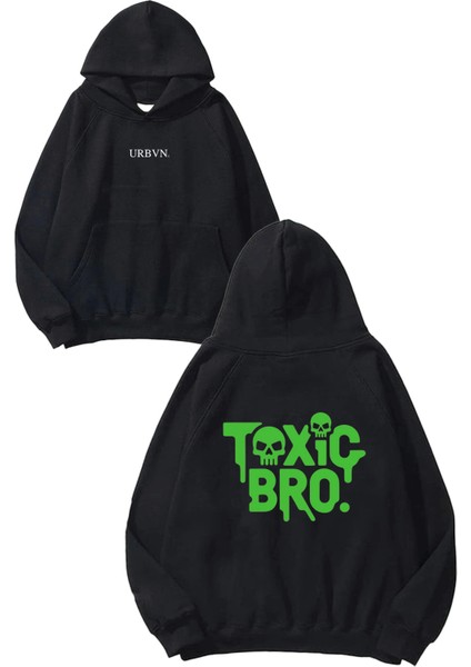 Toxic 1 Tasarım Baskılı Oversize Siyah Kapüşonlu Sweatshirt