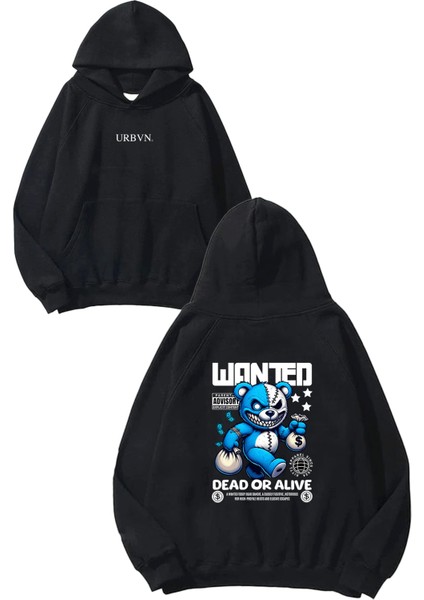 Wanted Tasarım Baskılı Oversize Siyah Kapüşonlu Sweatshirt