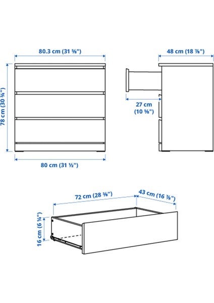 Malm 3 Çekmeceli Şifonyer Açık Turuncu Parlak Cila 80 x 78 cm fiyatları