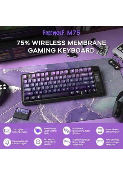 M75 Kablosuz Bt+2.4ghz OLED Tft Ekranlı Membran Reinbow Aydınlatmalı Gaming Oyuncu Klavye