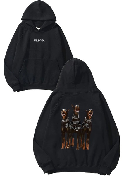 Doberman 1 Tasarım Baskılı Oversize Siyah Kapüşonlu Sweatshirt