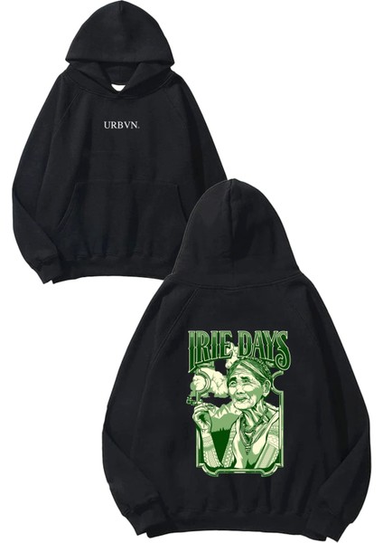 Irie Days Tasarım Baskılı Oversize Siyah Kapüşonlu Sweatshirt