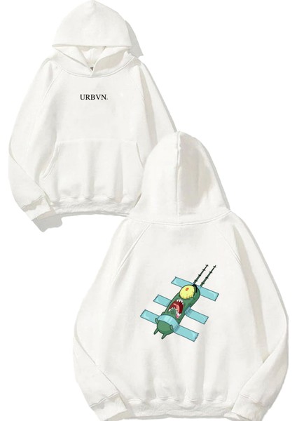 Plankton Tasarım Baskılı Oversize Beyaz Kapüşonlu Sweatshirt