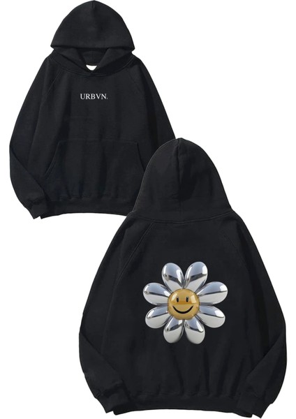 Metallic Daisy Tasarım Baskılı Oversize Siyah Kapüşonlu Sweatshirt