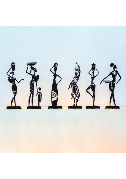 6 Lı Afrikalı Kadınlar Temalı Dekoratif Metal Şamdan Mumluk