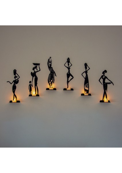 6 Lı Afrikalı Kadınlar Temalı Dekoratif Metal Şamdan Mumluk