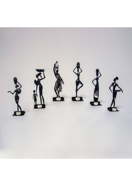 6 Lı Afrikalı Kadınlar Temalı Dekoratif Metal Şamdan Mumluk