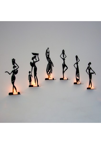 6 Lı Afrikalı Kadınlar Temalı Dekoratif Metal Şamdan Mumluk