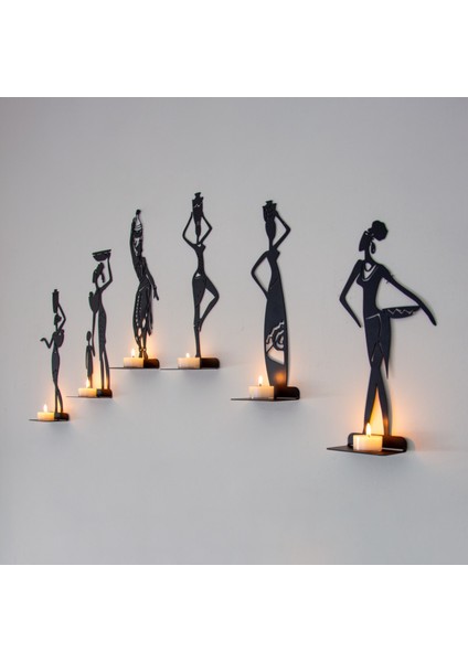 6 Lı Afrikalı Kadınlar Temalı Dekoratif Metal Şamdan Mumluk