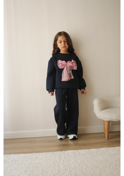 Kurdele Desenli Şardonlu 3 Iplik Sweatshirt-Eşofman Altı Kışlık Kız Çocuk Takım