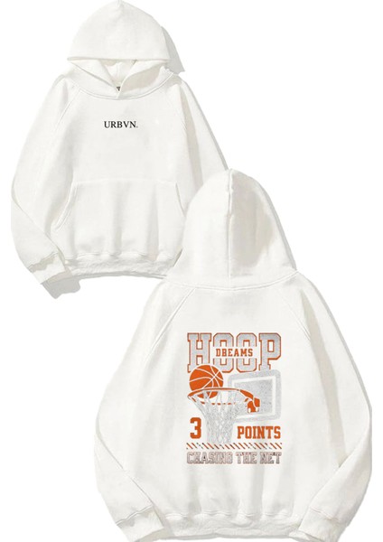 Hoop Tasarım Baskılı Oversize Beyaz Kapüşonlu Sweatshirt