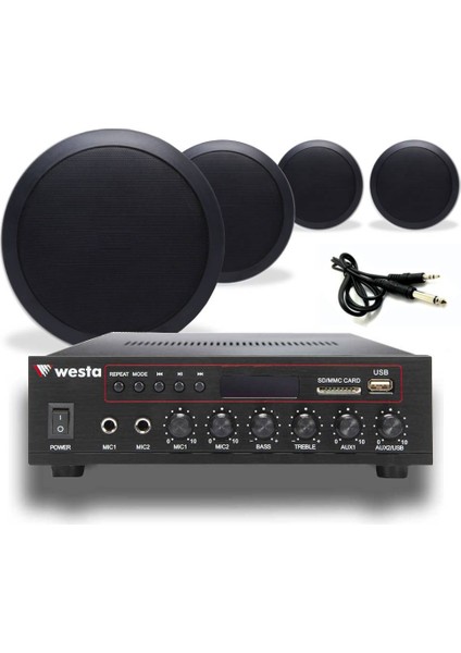 4’lü Siyah Tavan Hoparlörlü 100V Anfi Ses Sistemi | Kafe Mağaza Ofis Müzik Seti