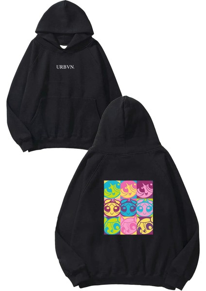 Powerpuff 1 Tasarım Baskılı Oversize Siyah Kapüşonlu Sweatshirt