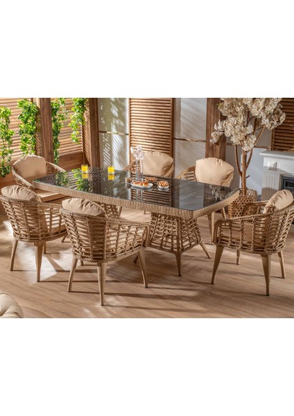 Eyfel Rattan Masa Takımı 6+1 Cappuccino