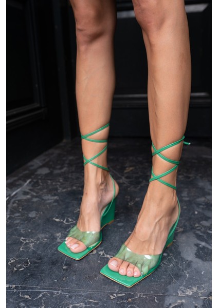 Samba Kadin Yeşil Seffaf Detay Dolgu Topuk Sandalet