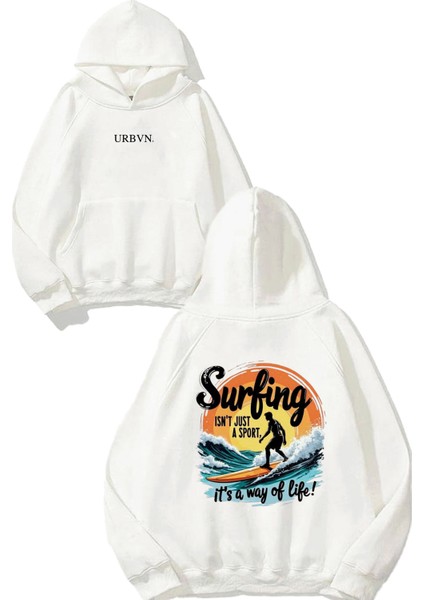 Surfing Tasarım Baskılı Oversize Beyaz Kapüşonlu Sweatshirt