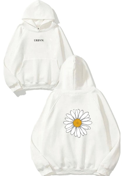 Papatya Tasarım Baskılı Oversize Beyaz Kapüşonlu Sweatshirt