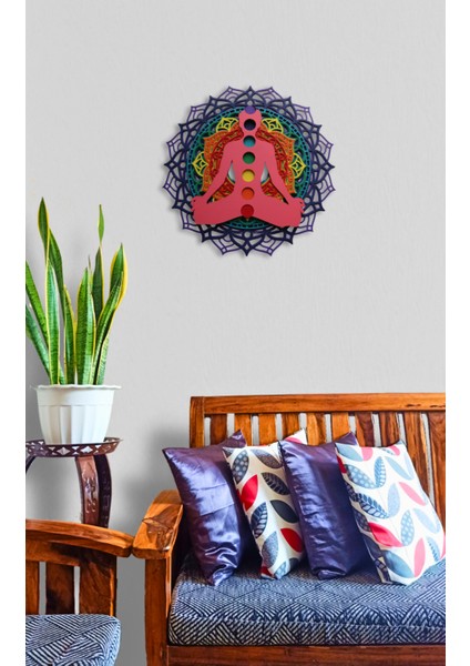 Ahşap Duvar Dekoru Çakra Temalı El Işçiliğiyle Boyanmış "yaşam Enerjisi" Mandala