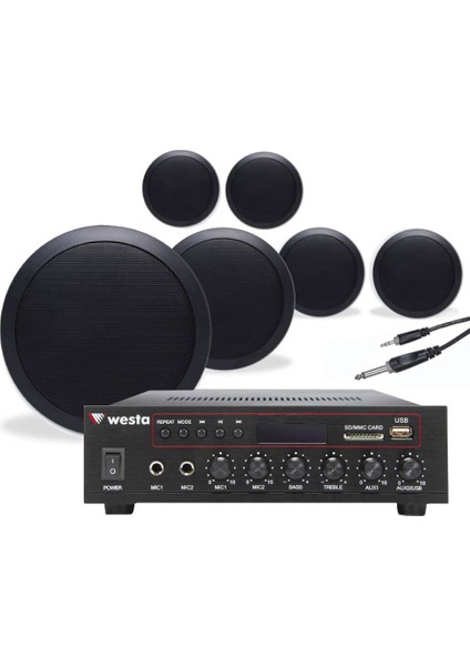 6’lı Siyah Tavan Hoparlörlü 100V Anfi Ses Sistemi | Kafe Mağaza Ofis Müzik Seti