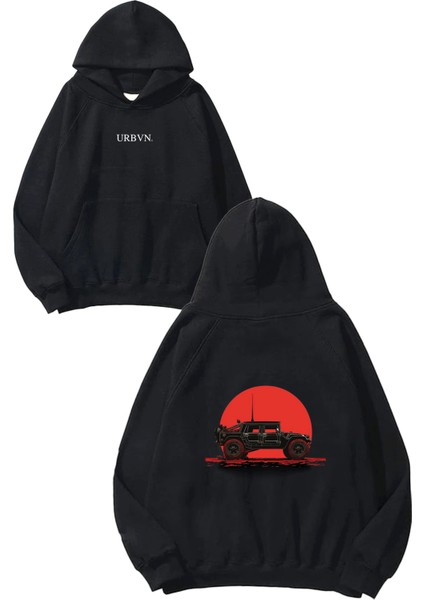 Truck Tasarım Baskılı Oversize Siyah Kapüşonlu Sweatshirt