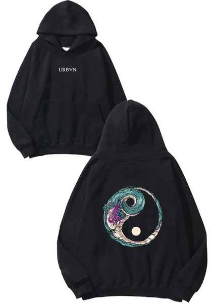 Snake Ying Yang Tasarım Baskılı Oversize Siyah Kapüşonlu Sweatshirt