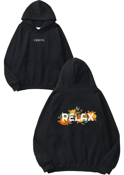 Relax Tasarım Baskılı Oversize Siyah Kapüşonlu Sweatshirt
