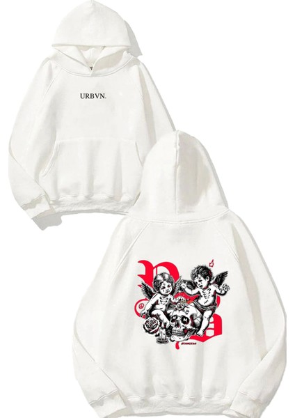 Angels Tasarım Baskılı Oversize Beyaz Kapüşonlu Sweatshirt