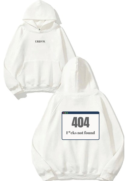 404 Tasarım Baskılı Oversize Beyaz Kapüşonlu Sweatshirt