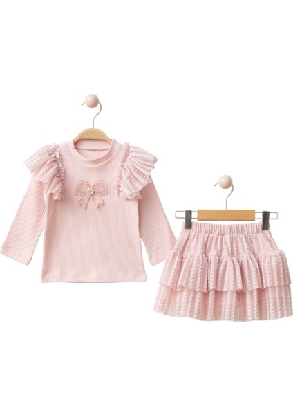 441817 Kız Çocuk Krem Lovely Bow Tül Katlı Etek Üst Takım