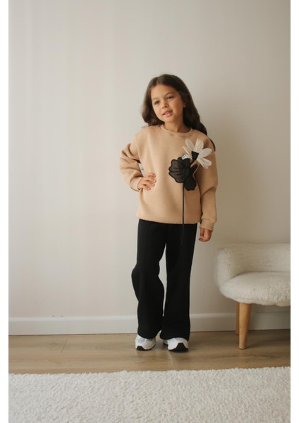 Çiçek Desenli Çift Renkli Şardonlu 3 Iplik Sweatshirt-Eşofman Altı Kışlık Kız Çocuk Takım modelleri