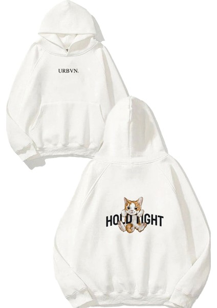Hold Tight Tasarım Baskılı Oversize Beyaz Kapüşonlu Sweatshirt