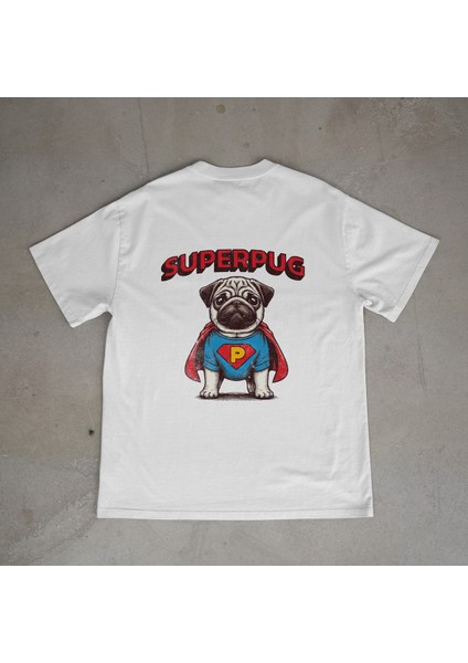 Super Pug Tasarım Baskılı Beyaz Oversize T-Shirt