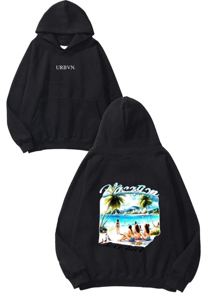 Vacation Tasarım Baskılı Oversize Siyah Kapüşonlu Sweatshirt