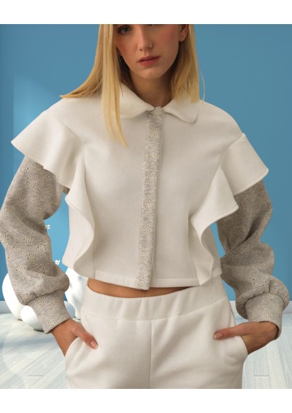 xint Kadın Kırık Beyaz Yakalı Fırfır Detaylı Gizli Düğme Kapamalı Sweat Ceket