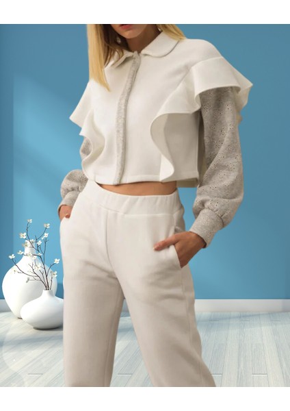 xint Kadın Kırık Beyaz Yakalı Fırfır Detaylı Gizli Düğme Kapamalı Sweat Ceket fiyatları