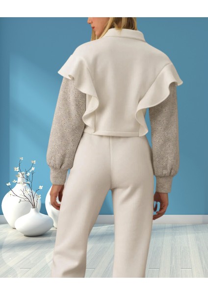 xint Kadın Kırık Beyaz Yakalı Fırfır Detaylı Gizli Düğme Kapamalı Sweat Ceket modelleri