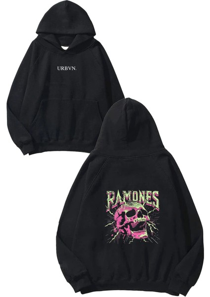 Ramones Tasarım Baskılı Oversize Siyah Kapüşonlu Sweatshirt