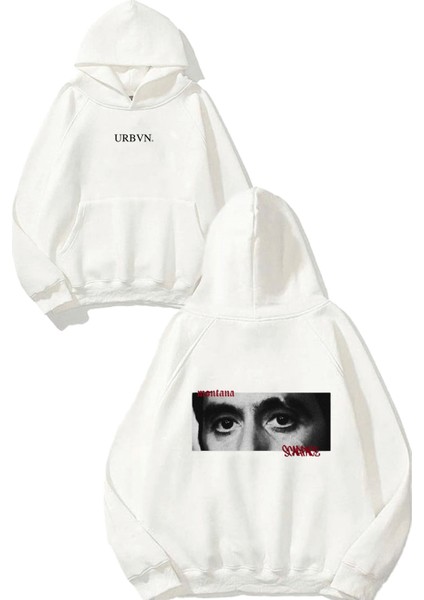 Montana Eyes Tasarım Baskılı Oversize Beyaz Kapüşonlu Sweatshirt