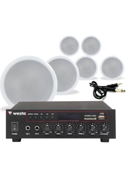 6’lı Beyaz Tavan Hoparlörlü 100V Anfi Ses Sistemi | Kafe Mağaza Ofis Müzik Seti