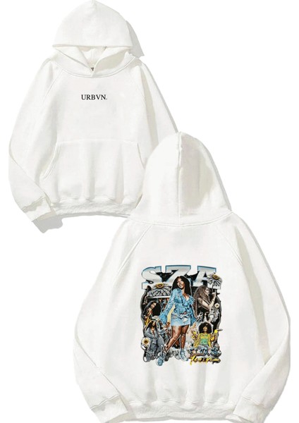 Sza Tasarım Baskılı Oversize Beyaz Kapüşonlu Sweatshirt